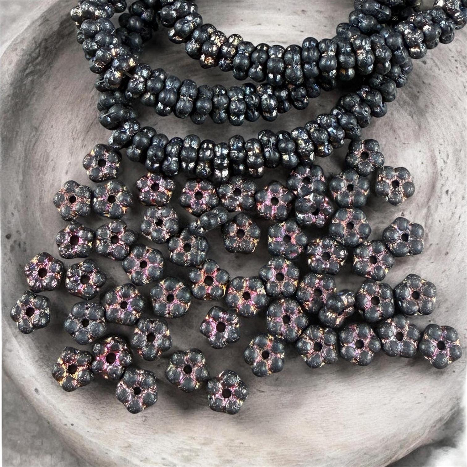 Czech Glass Beads - 5mm Flower Spacer Beads, Etched Black with Volcano Wash (FMN/N-0124) * Qty. 50