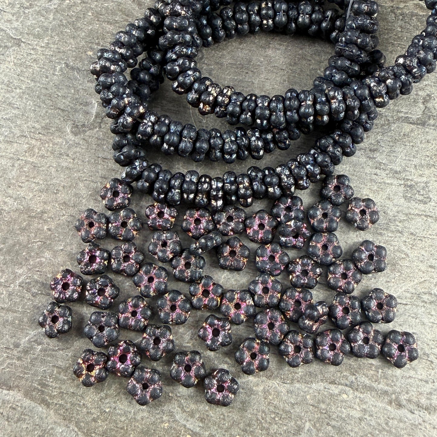 Czech Glass Beads - 5mm Flower Spacer Beads, Etched Black with Volcano Wash (FMN/N-0124) * Qty. 50