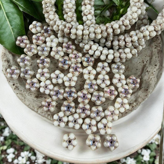 Czech Glass Beads - 5mm Flower Spacer Beads, Beige, with Volcano Wash (FMN/N-0220) * Qty. 50