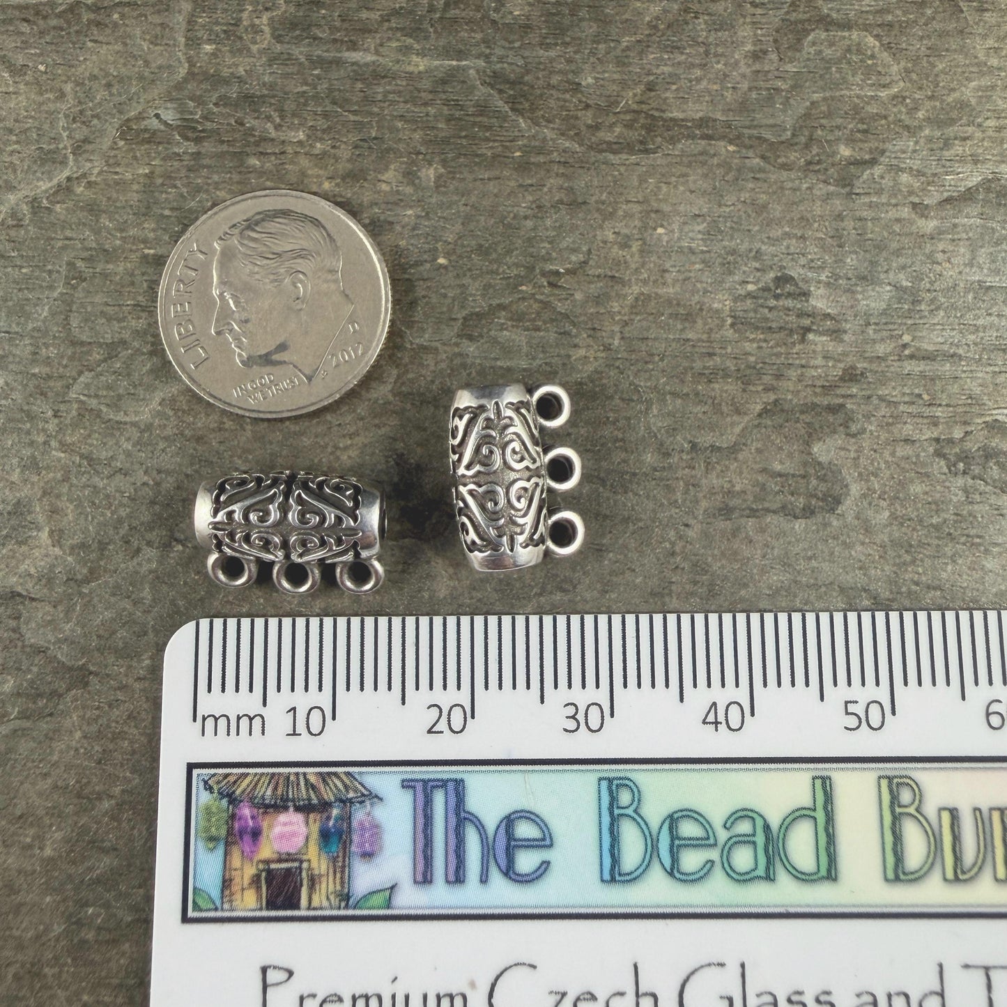 Ornate Bail Bead with 3 loops and 2.2mm Hole, Antiqued Silver Plated (PF/15446-77) * Qty. 4