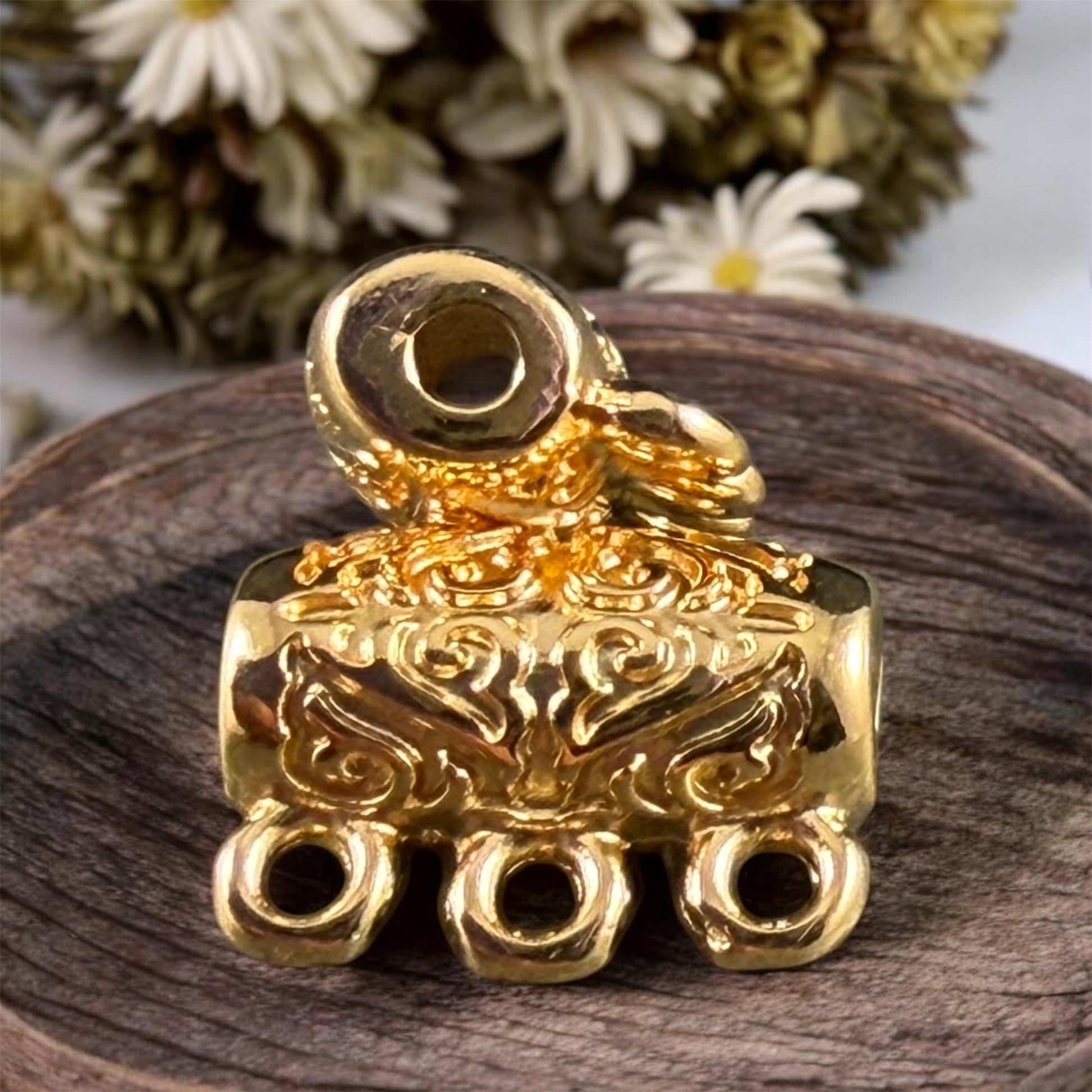 Ornate Bail Bead with 3 loops and 2.2mm Hole, 24k Gold Plated, Nickel Free (PF/15446-12) * Qty. 2