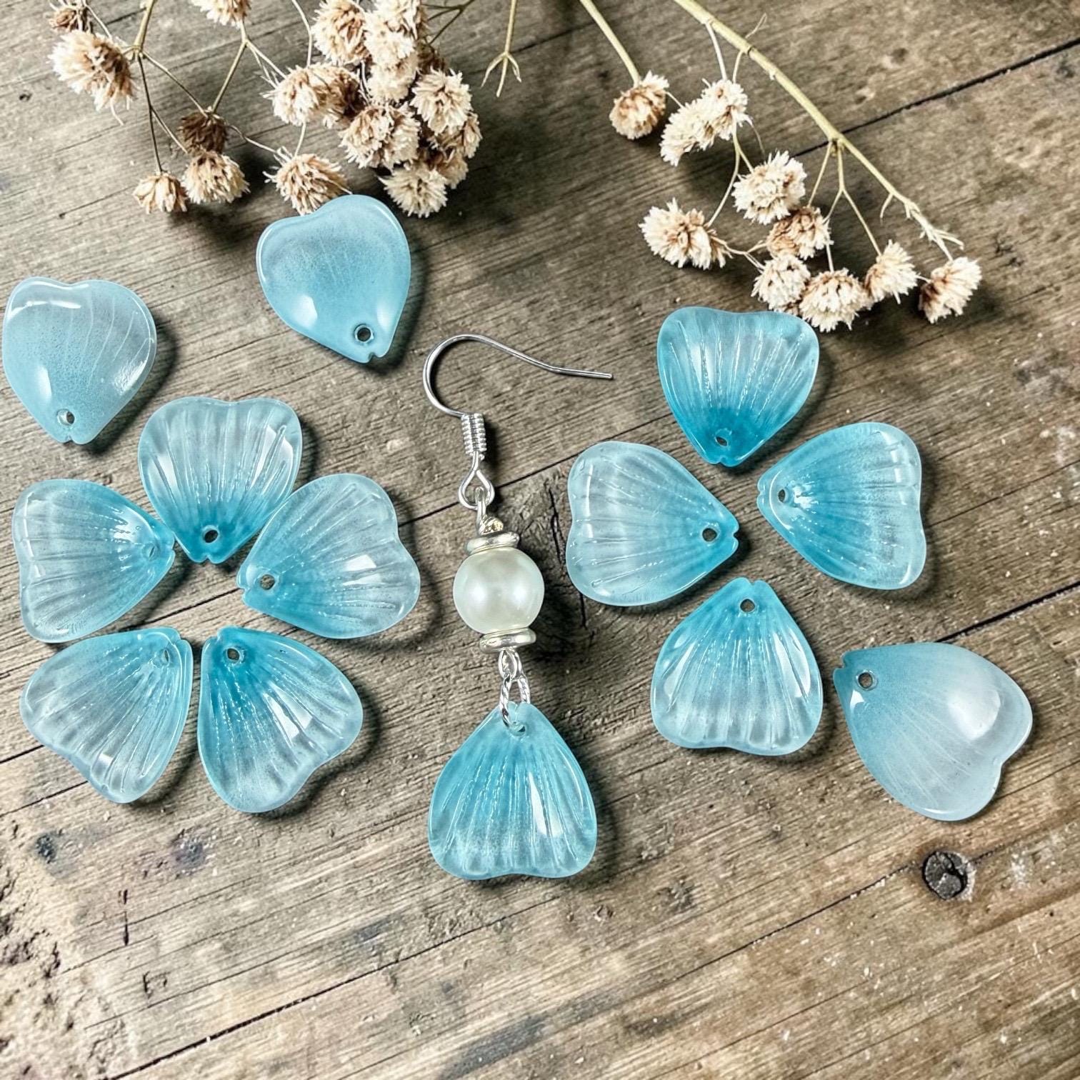 Glass Flower Petals, 16mm Petal Shaped Beads, Aqua Blue * 12 Beads