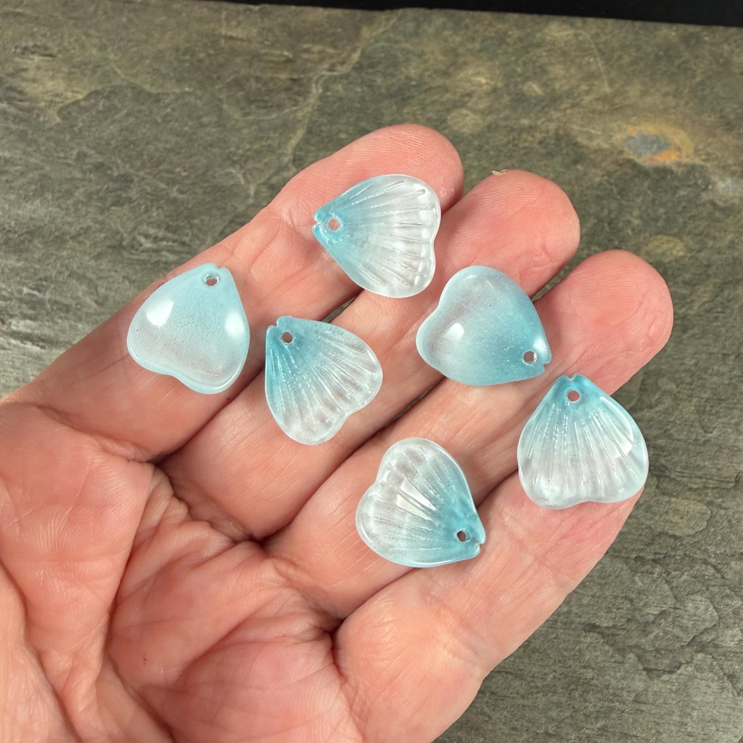 Glass Flower Petals, 16mm Petal Shaped Beads, Aqua Blue * 12 Beads