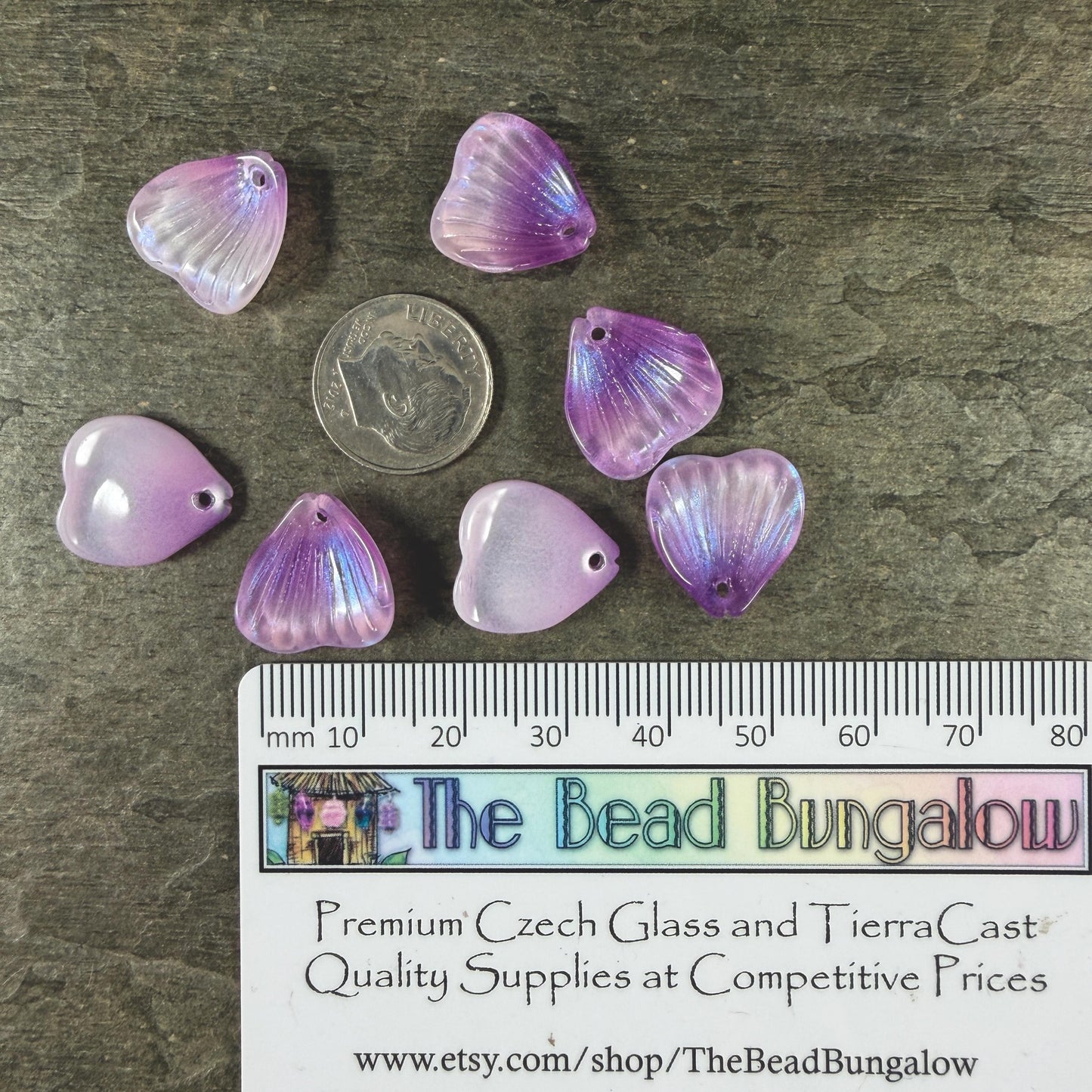 Glass Flower Petals, 16mm Petal Shaped Beads, Lavender Purple * 12 Beads