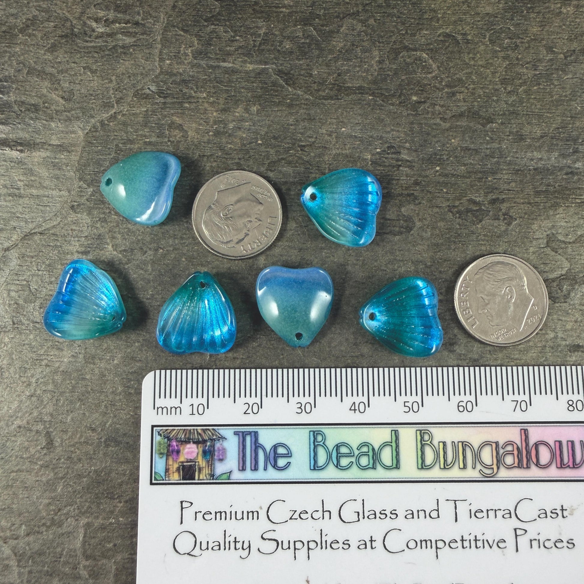 Glass Flower Petals, 16mm Petal Shaped Beads, Bright Blue Green * 12 Beads
