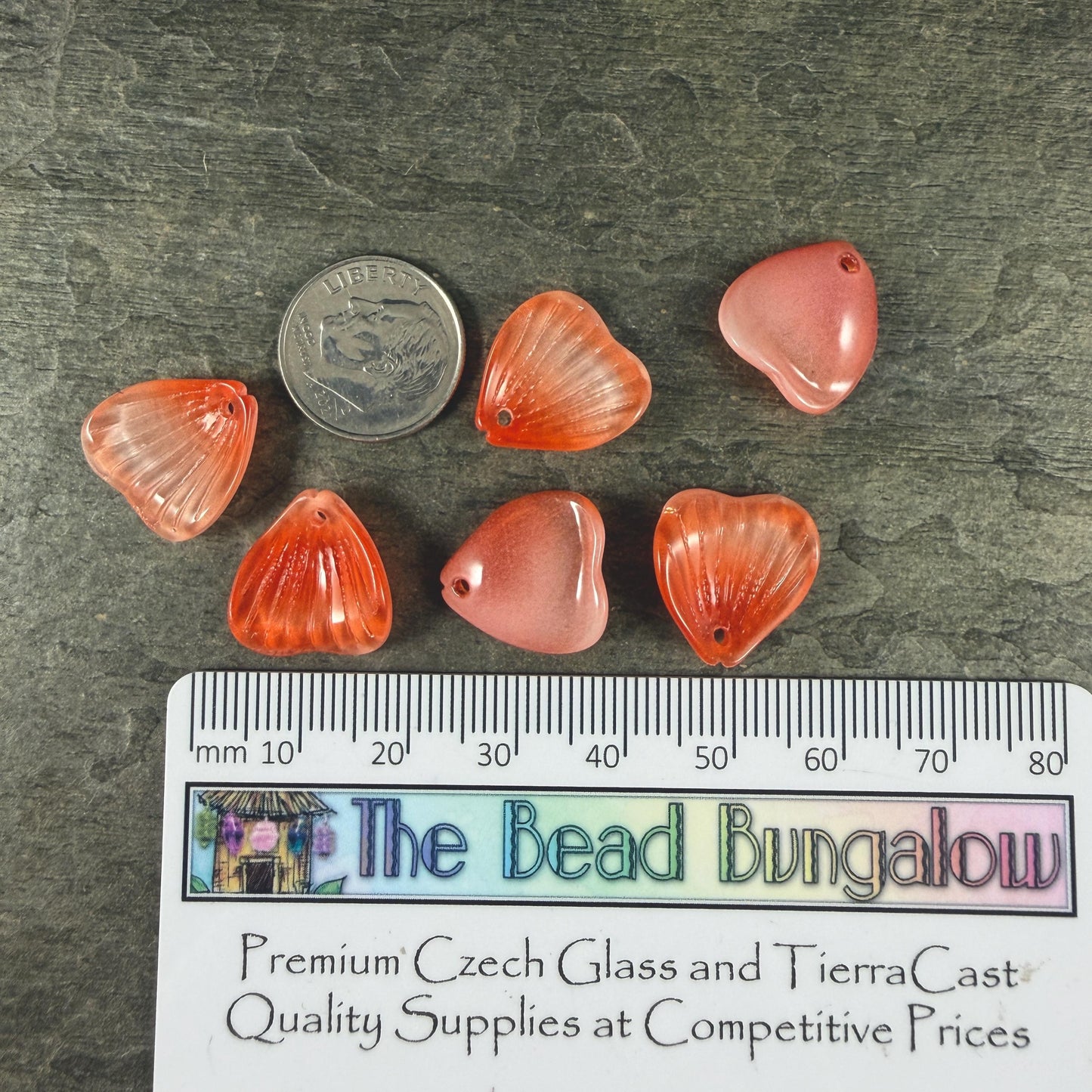 Glass Flower Petals, 16mm Petal Shaped Beads, Dark Orange, Coral * 12 Beads