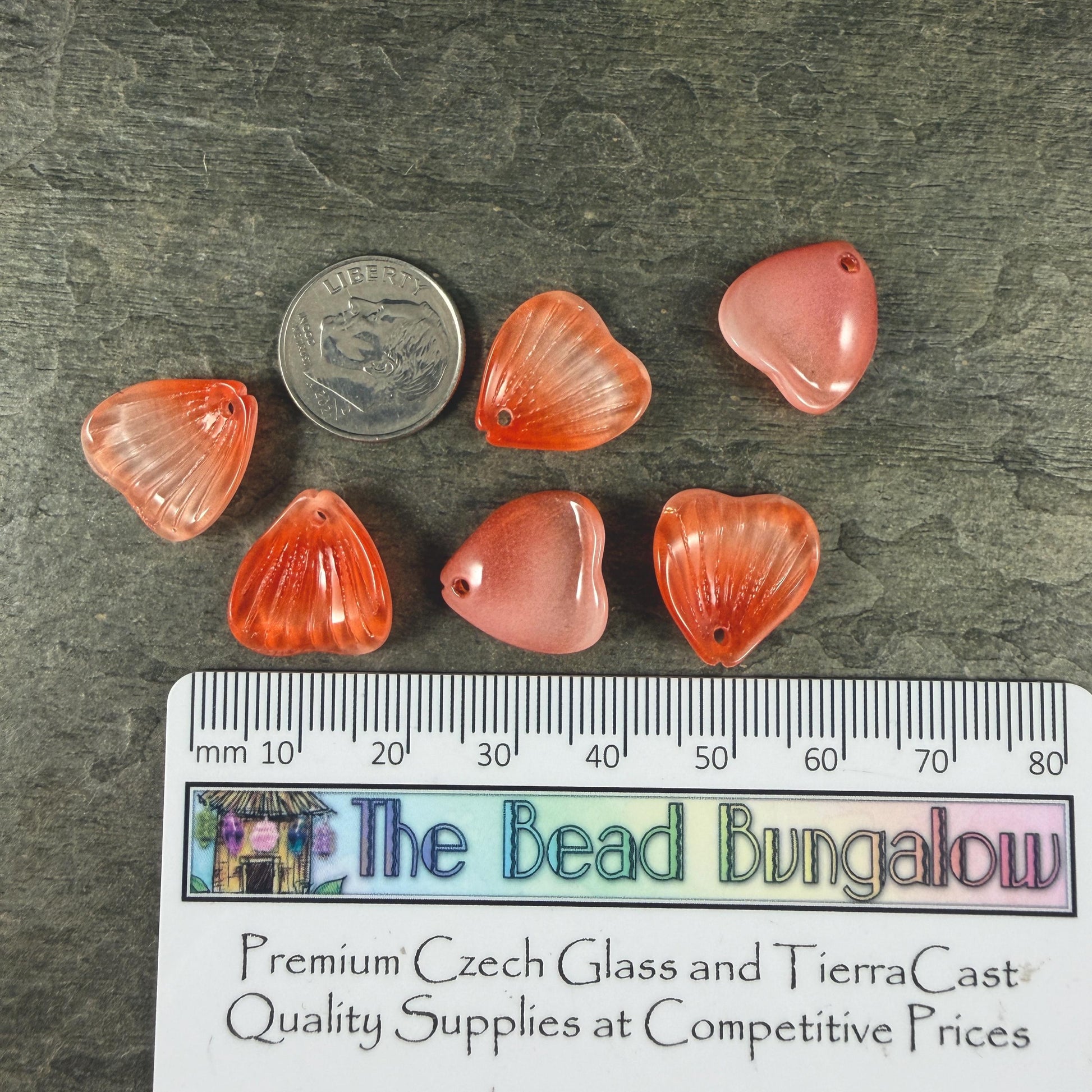 Glass Flower Petals, 16mm Petal Shaped Beads, Dark Orange, Coral * 12 Beads