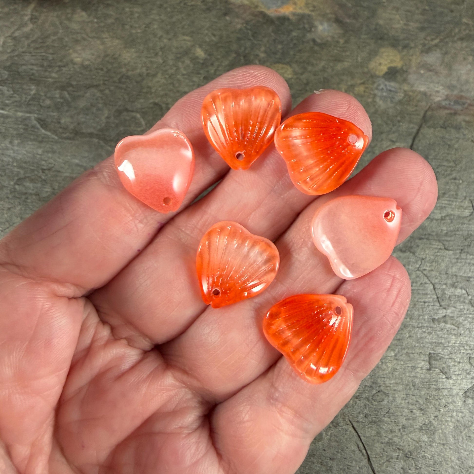 Glass Flower Petals, 16mm Petal Shaped Beads, Dark Orange, Coral * 12 Beads