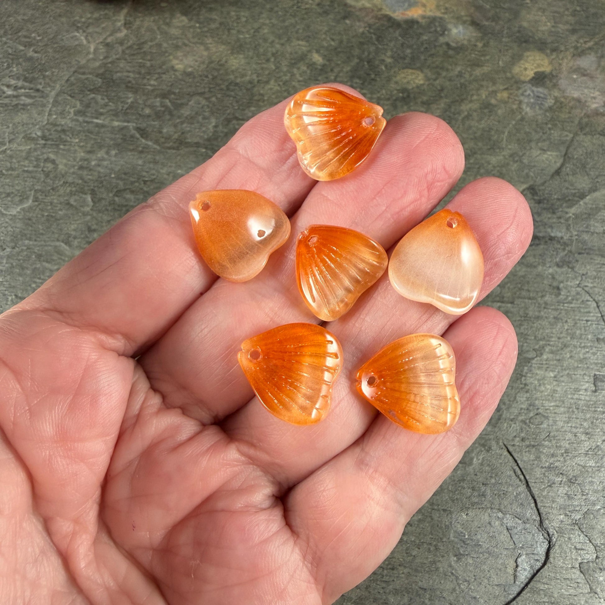 Glass Flower Petals, 16mm Petal Shaped Beads, Peachy Orange * 12 Beads