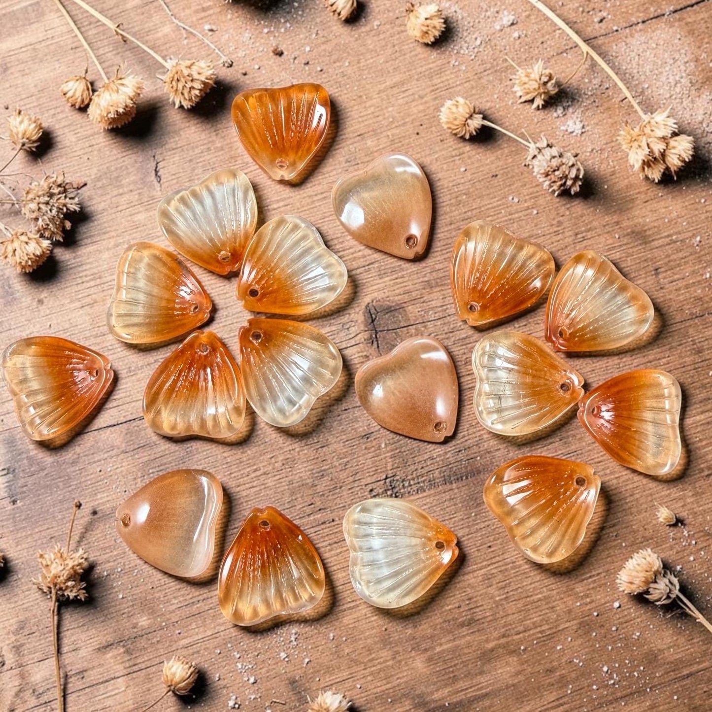 Glass Flower Petals, 16mm Petal Shaped Beads, Peachy Orange * 12 Beads