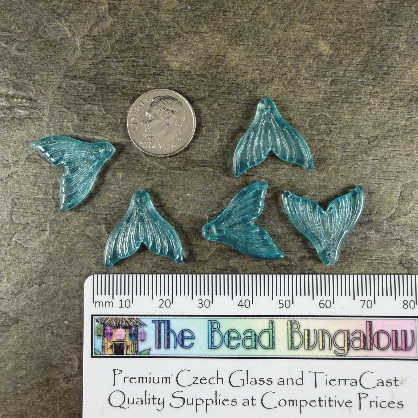 Mermaid Tail, Glass Charm, Dark Aqua Blue of Whale Tail Beads * Qty. 8