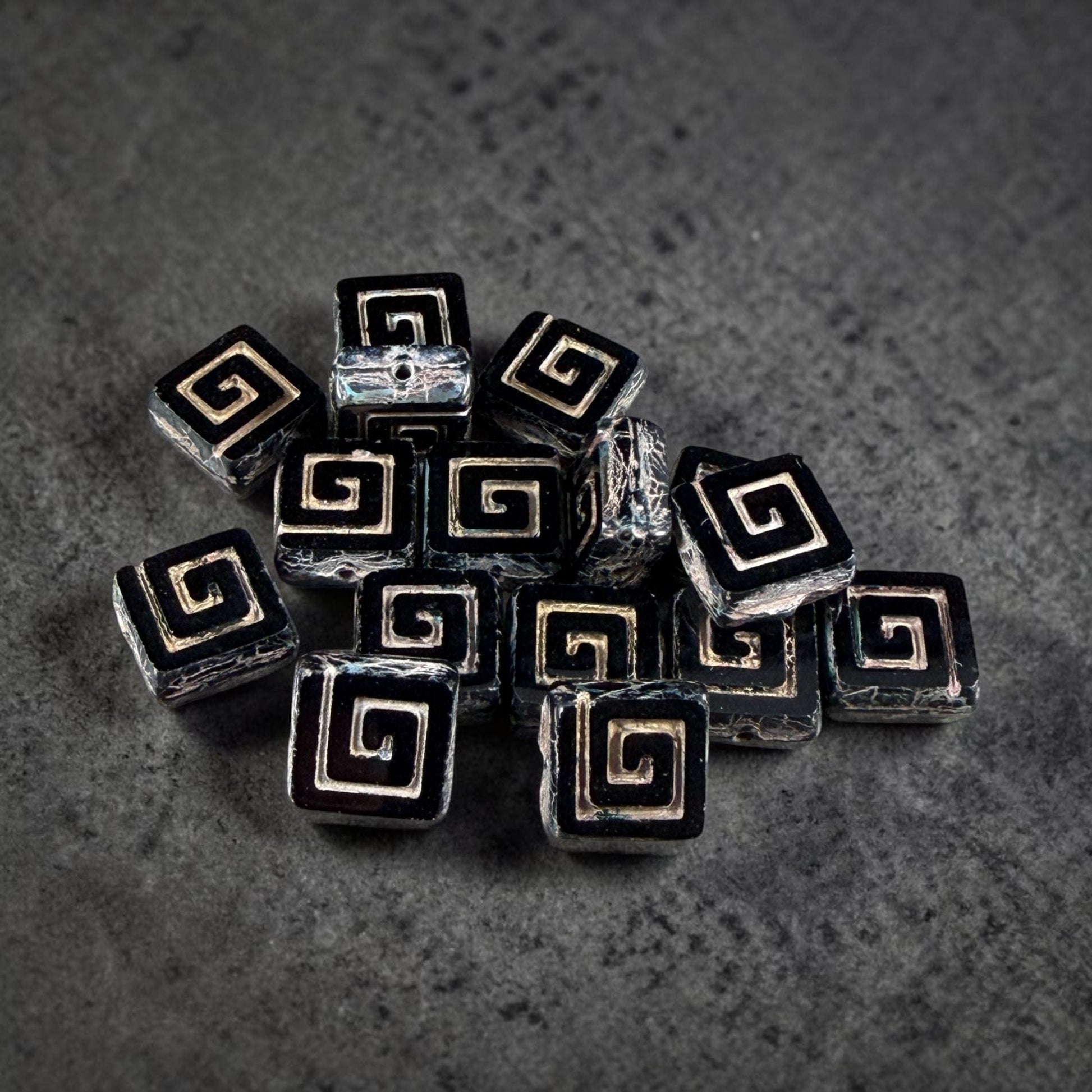 Czech Glass Beads, 9mm Square Black Picasso Bead (CSq-BkT) * Qty. 10