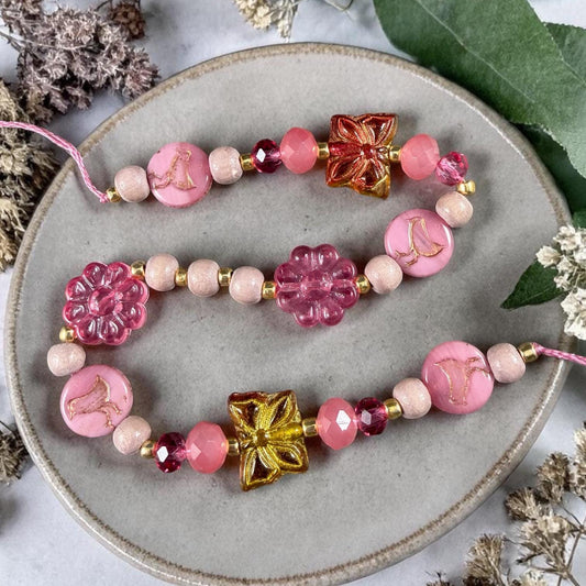 Exclusive Bead Bungalow Mix - Fuchsia and Light Pink Nature Theme Glass Beads (CBS418.22)