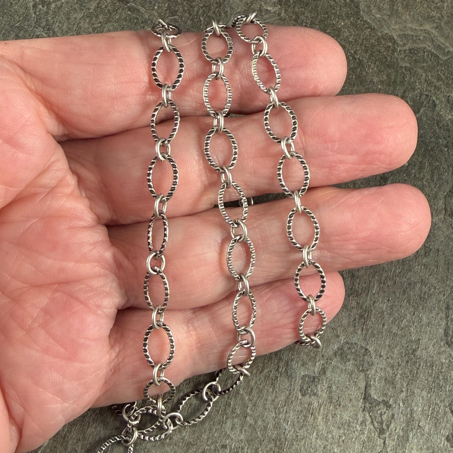 Chain by the Foot - Textured Oval Cable Chain - Antiqued Silver Plated Brass (CH-28AS) * 18" Length