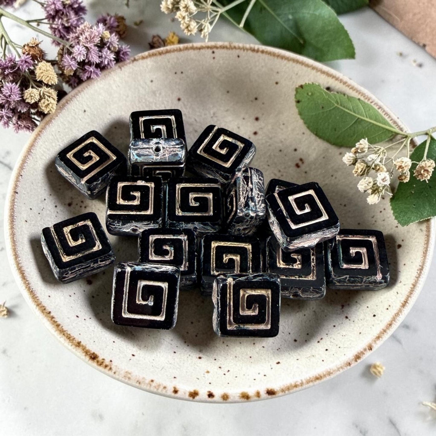 Czech Glass Beads, 9mm Square Black Picasso Bead (CSq-BkT) * Qty. 10