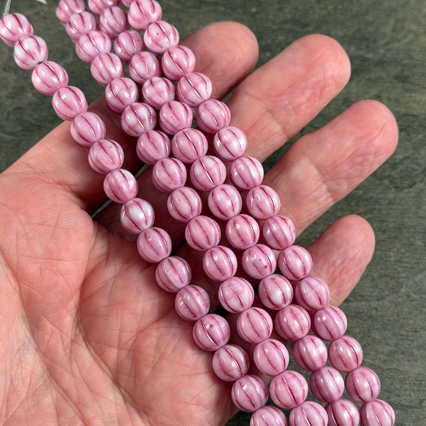 Czech Beads - 8mm Melon, Opaque Pink and White with Fuchsia Pink Wash (ML8/PP) * 15 Beads
