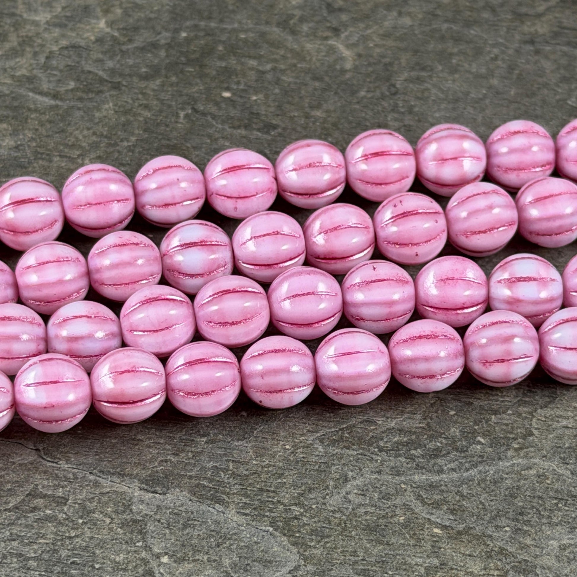 Czech Beads - 8mm Melon, Opaque Pink and White with Fuchsia Pink Wash (ML8/PP) * 15 Beads