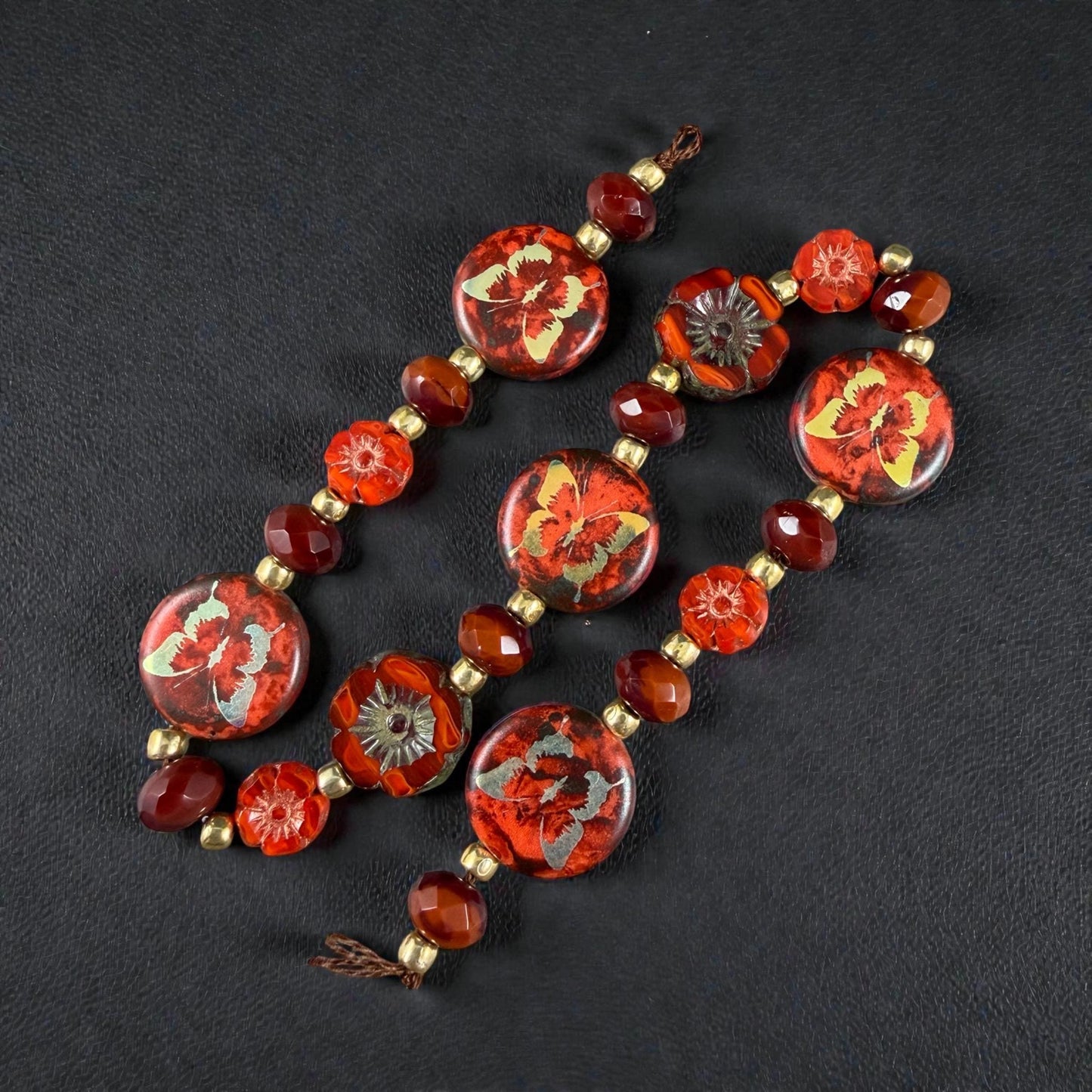 Orange, Gold and Dark Red Czech Glass Butterfly Beads - (DZ-526.11) * 9" Strand