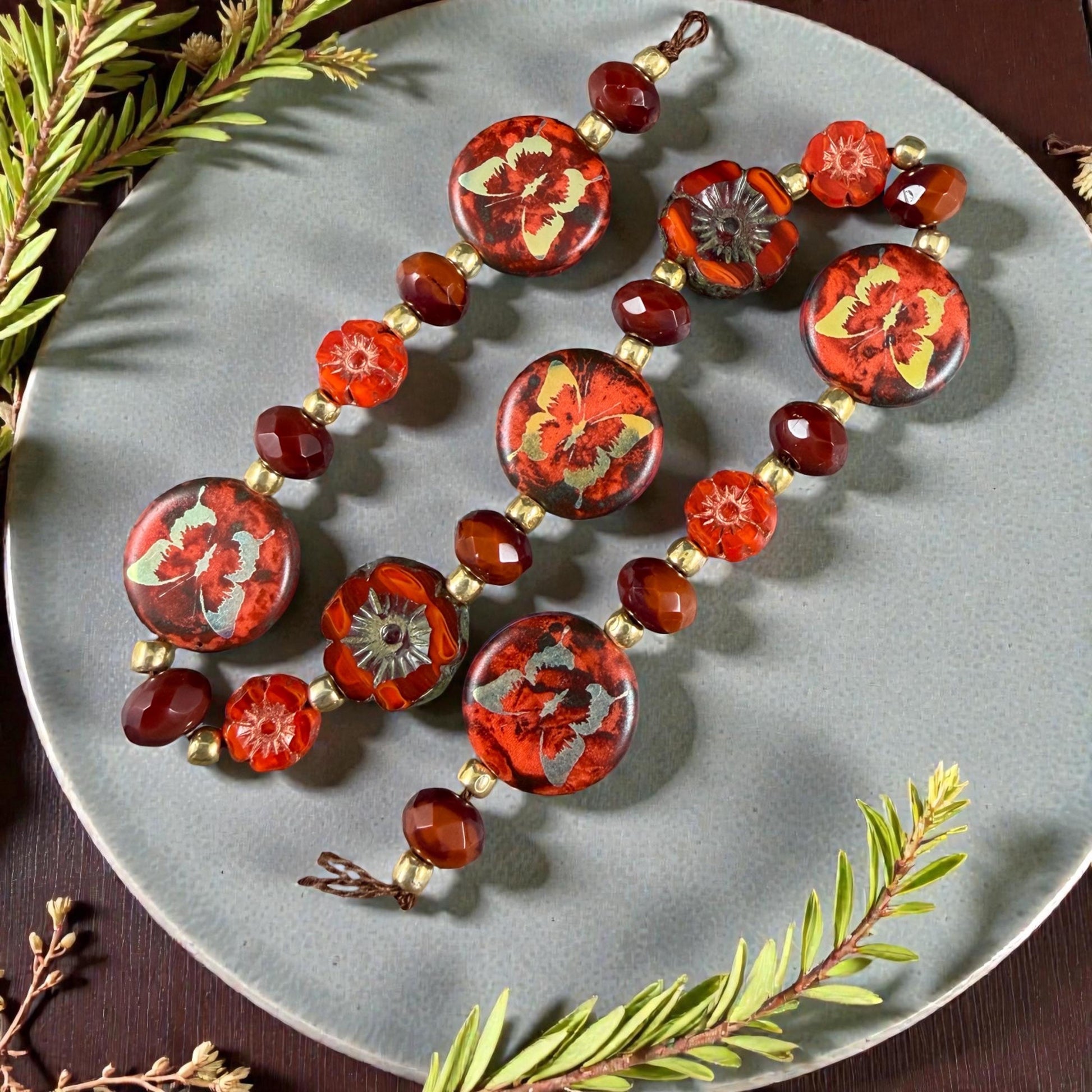 Orange, Gold and Dark Red Czech Glass Butterfly Beads - (DZ-526.11) * 9" Strand