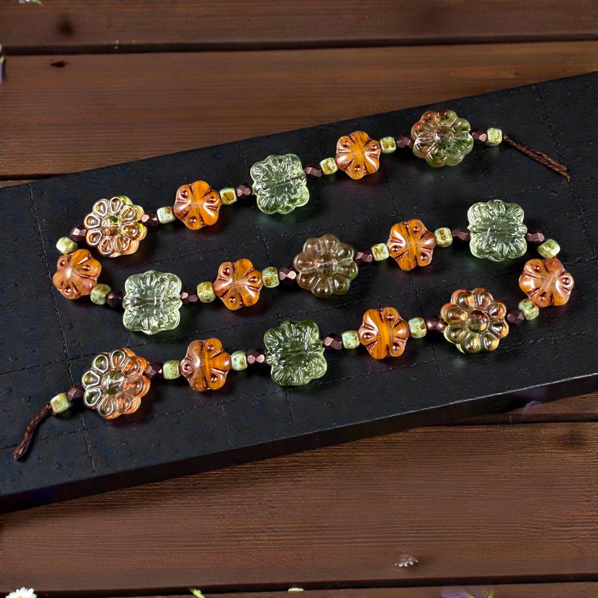 Orange and Green Flower Mix, Exclusive Bead Soup (DZ526.13) - 14" Strand
