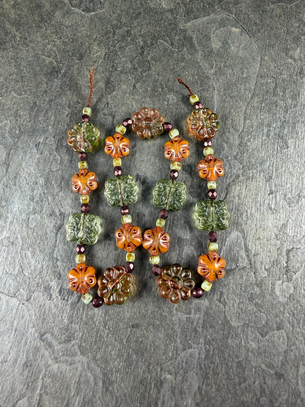 Orange and Green Flower Mix, Exclusive Bead Soup (DZ526.13) - 14" Strand