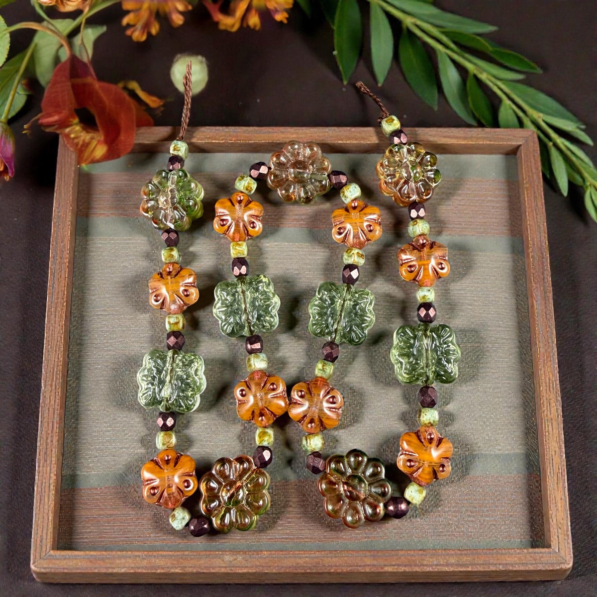 Orange and Green Flower Mix, Exclusive Bead Soup (DZ526.13) - 14" Strand