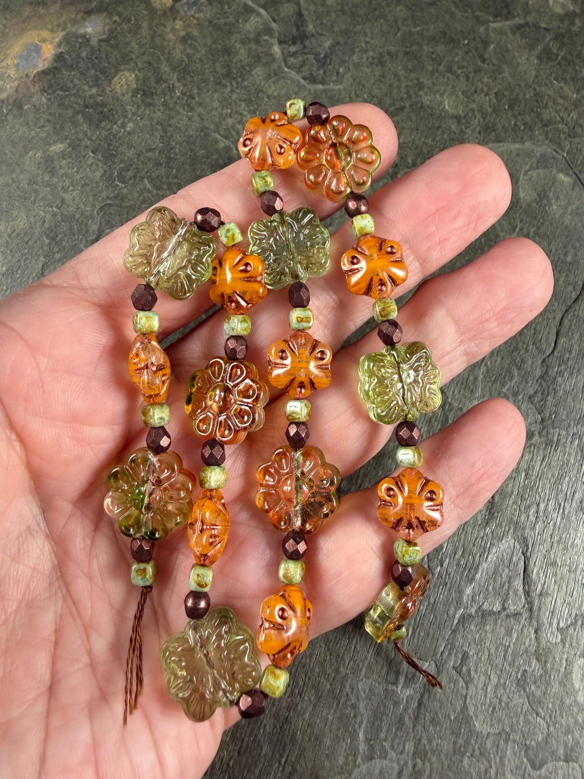Orange and Green Flower Mix, Exclusive Bead Soup (DZ526.13) - 14" Strand
