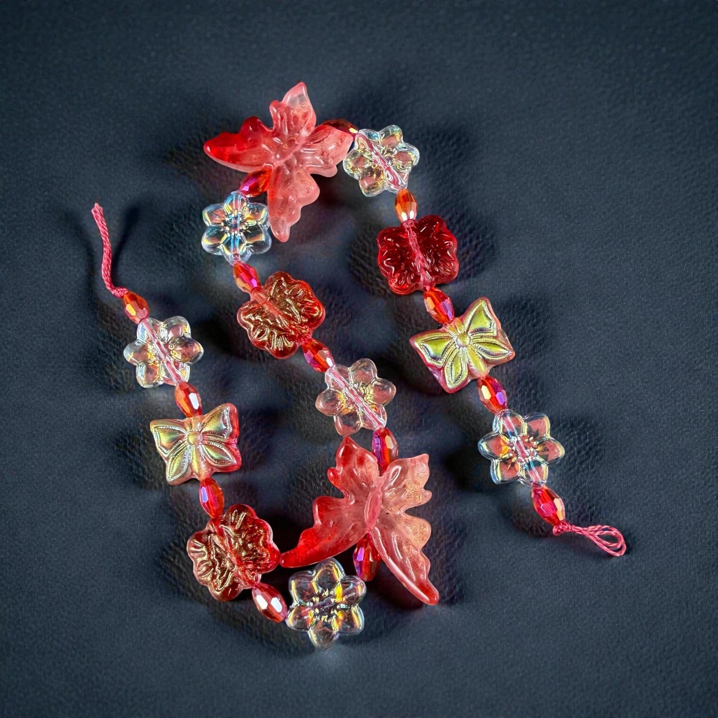 Butterfly Beads and Glass Flowers, Coral Red and White/Clear Exclusive Bead Bungalow Mix (DZ-526.09) - 10" Strand