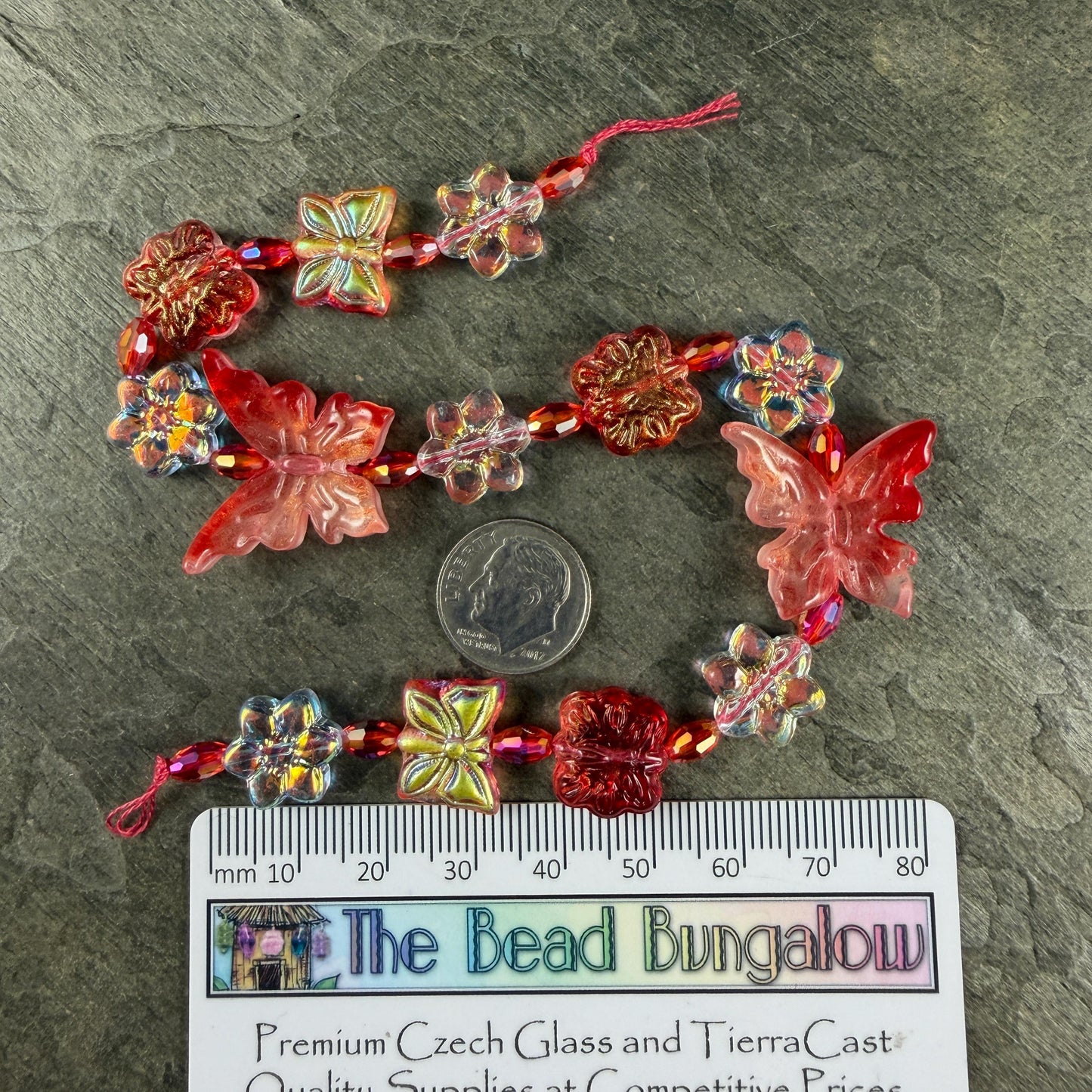 Butterflies and Flowers, Coral Red and White/Clear Exclusive Bead Bungalow Mix (DZ-526.09) - 10" Strand