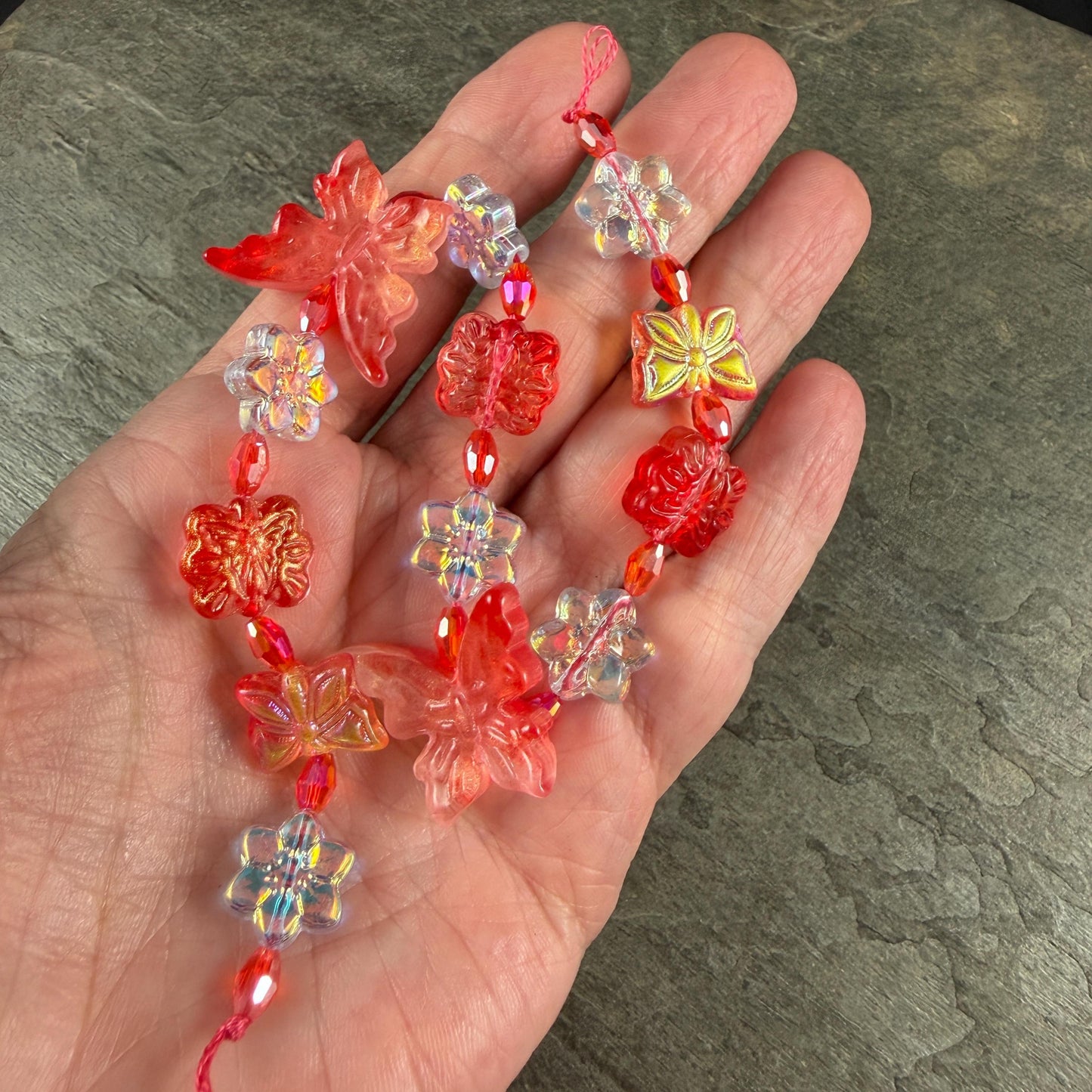 Butterflies and Flowers, Coral Red and White/Clear Exclusive Bead Bungalow Mix (DZ-526.09) - 10" Strand