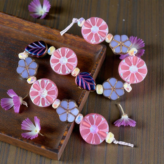 Czech Glass Bead Mix, Floral Theme, Pink and Purple (DZ-526.16) * 6" Strand of 23 Beads
