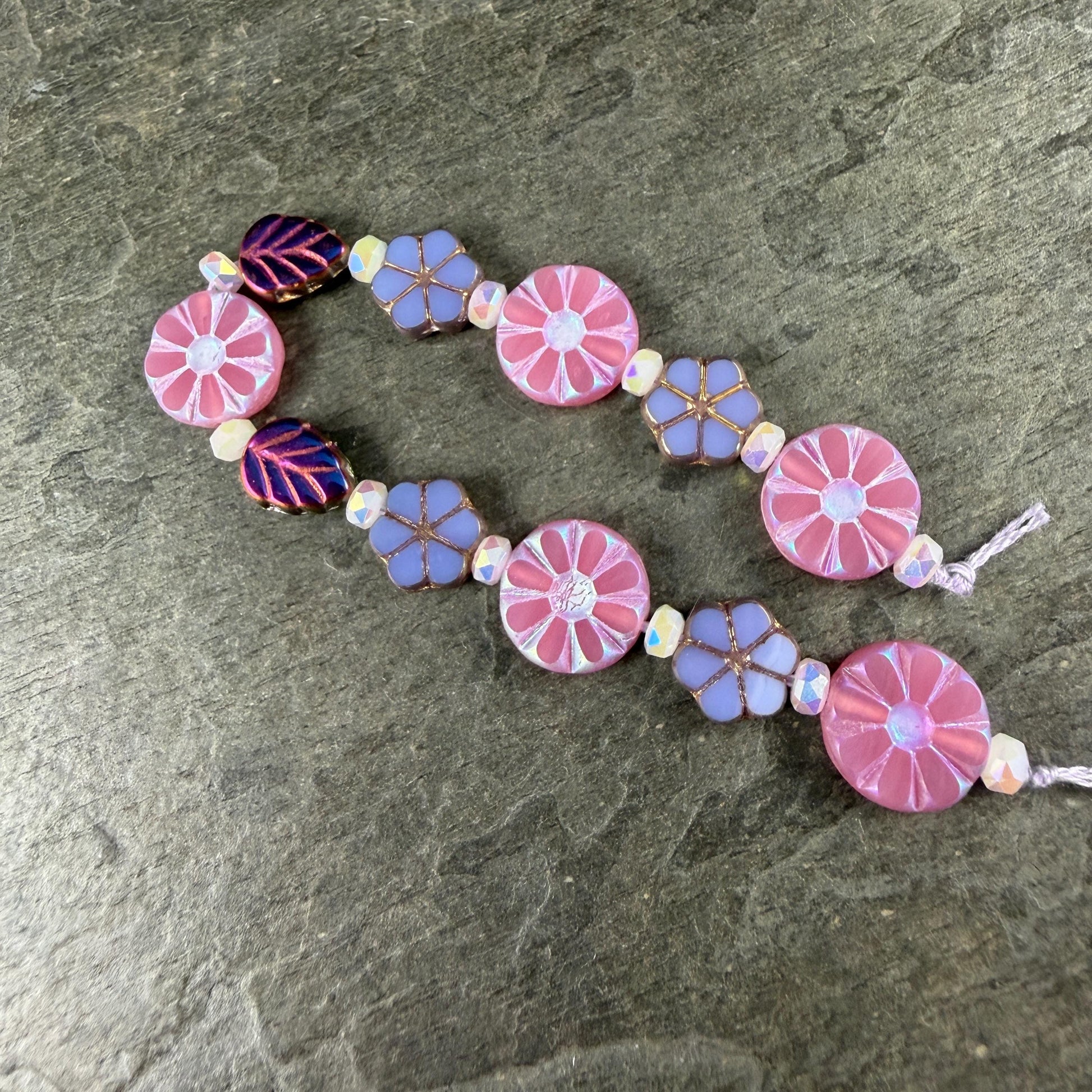 Czech Glass Bead Mix, Floral Theme, Pink and Purple (DZ-526.16) * 6" Strand of 23 Beads