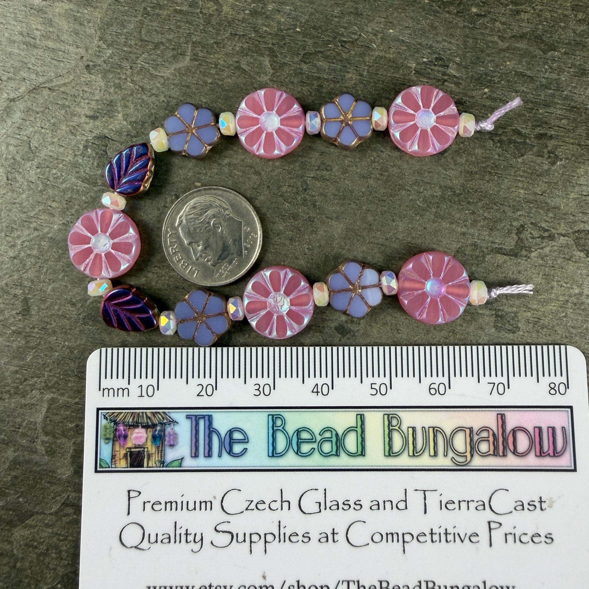 Czech Glass Bead Mix, Floral Theme, Pink and Purple (DZ-526.16) * 6" Strand of 23 Beads