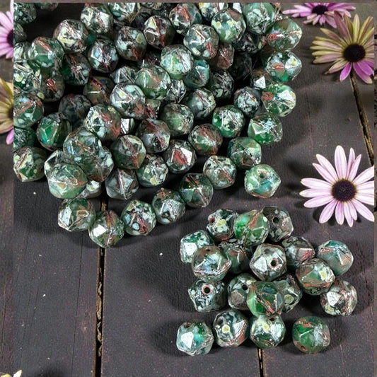 Czech Glass Beads - 8mm English Cut, Emerald and Green Apple Picasso (EC/N-1303B) * Qty. 20