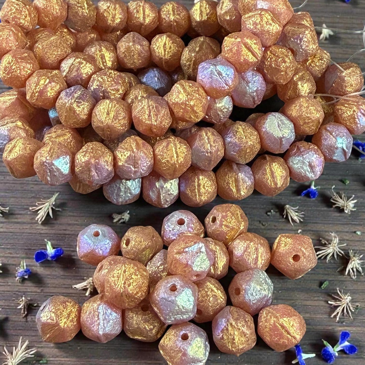 Czech Glass Beads, 8mm English Cut, Etched Salmon Pink with AB and Gold Finishes (EC8/N-0225) * Qty. 20
