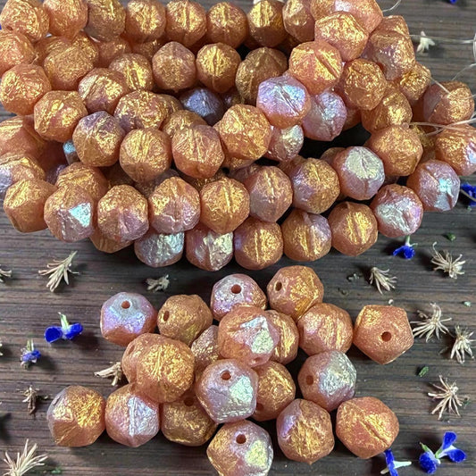 Czech Glass Beads, 8mm English Cut, Etched Salmon Pink with AB and Gold Finishes (EC8/N-0225) * Qty. 20