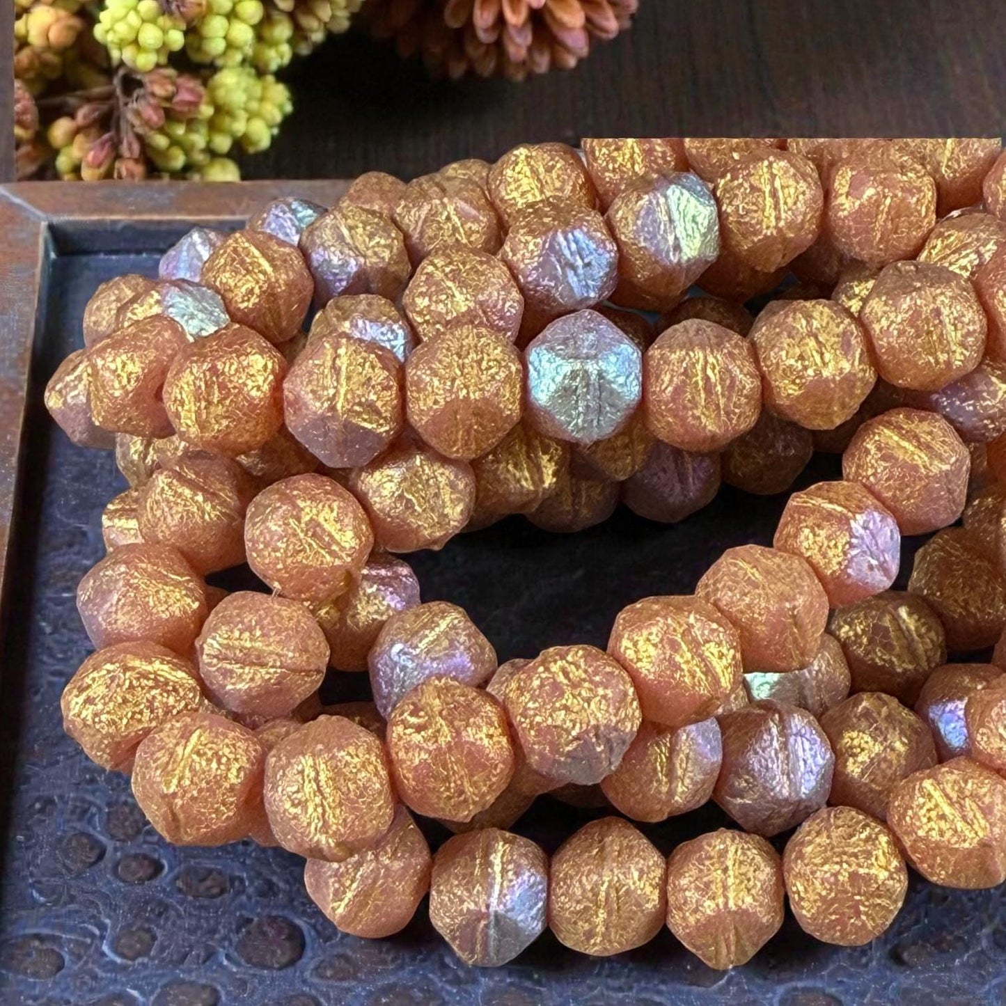 Czech Glass Beads, 8mm English Cut, Etched Salmon Pink with AB and Gold Finishes (EC8/N-0225) * Qty. 20