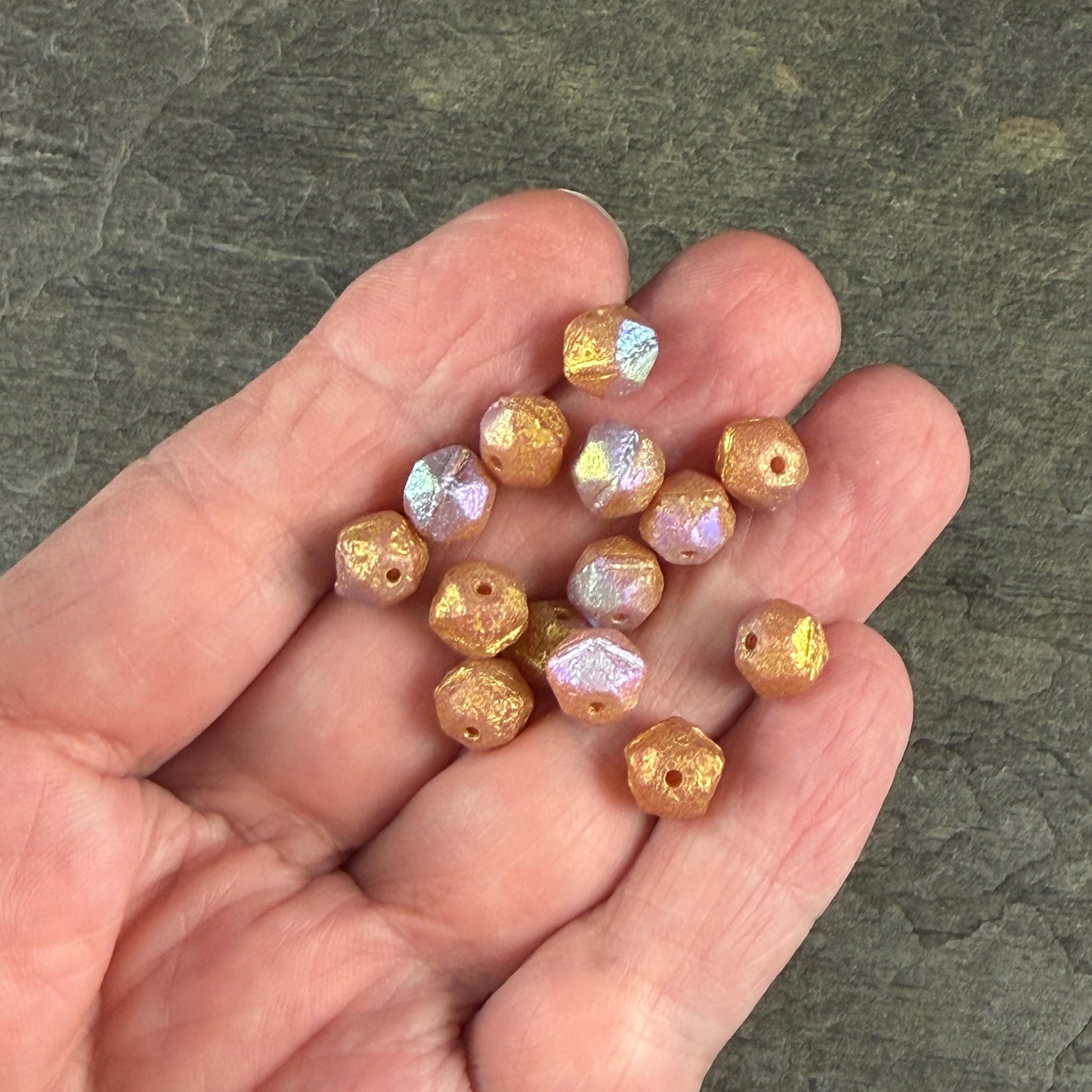 Czech Glass Beads, 8mm English Cut, Etched Salmon Pink with AB and Gold Finishes (EC8/N-0225) * Qty. 20