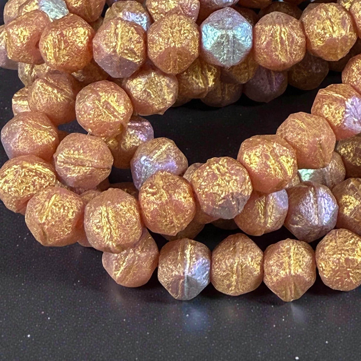 Czech Glass Beads, 8mm English Cut, Etched Salmon Pink with AB and Gold Finishes (EC8/N-0225) * Qty. 20