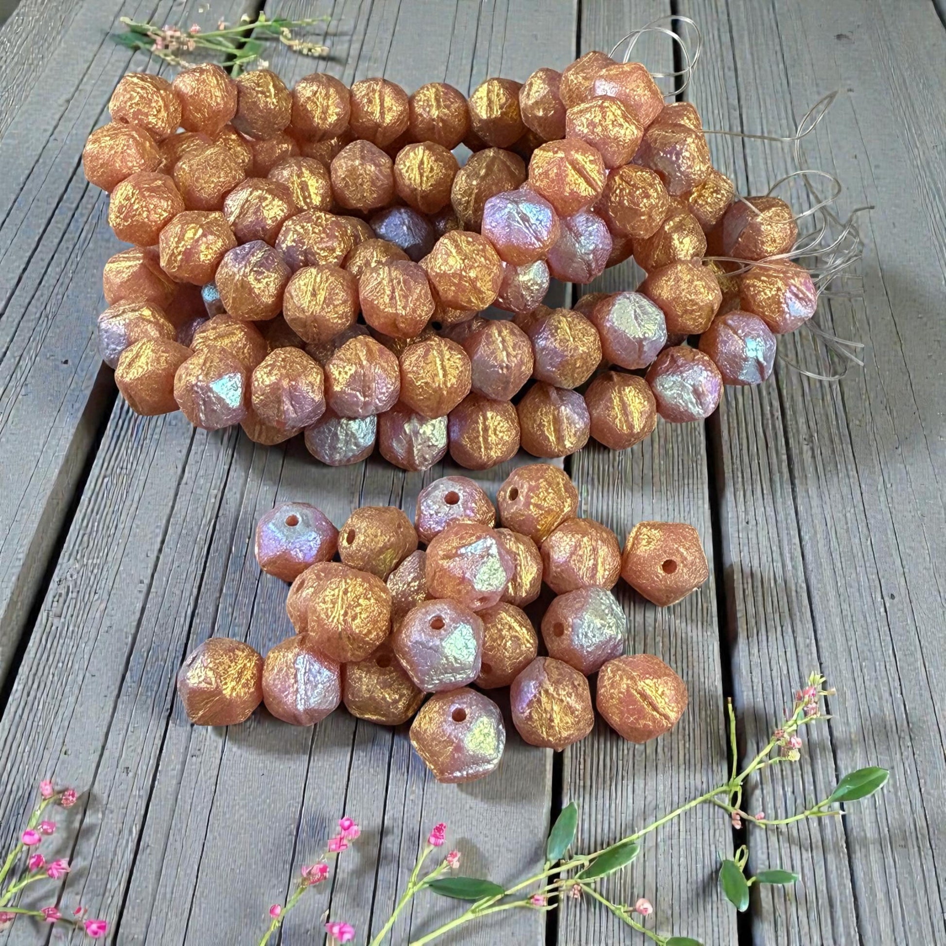 Czech Glass Beads, 8mm English Cut, Etched Salmon Pink with AB and Gold Finishes (EC8/N-0225) * Qty. 20