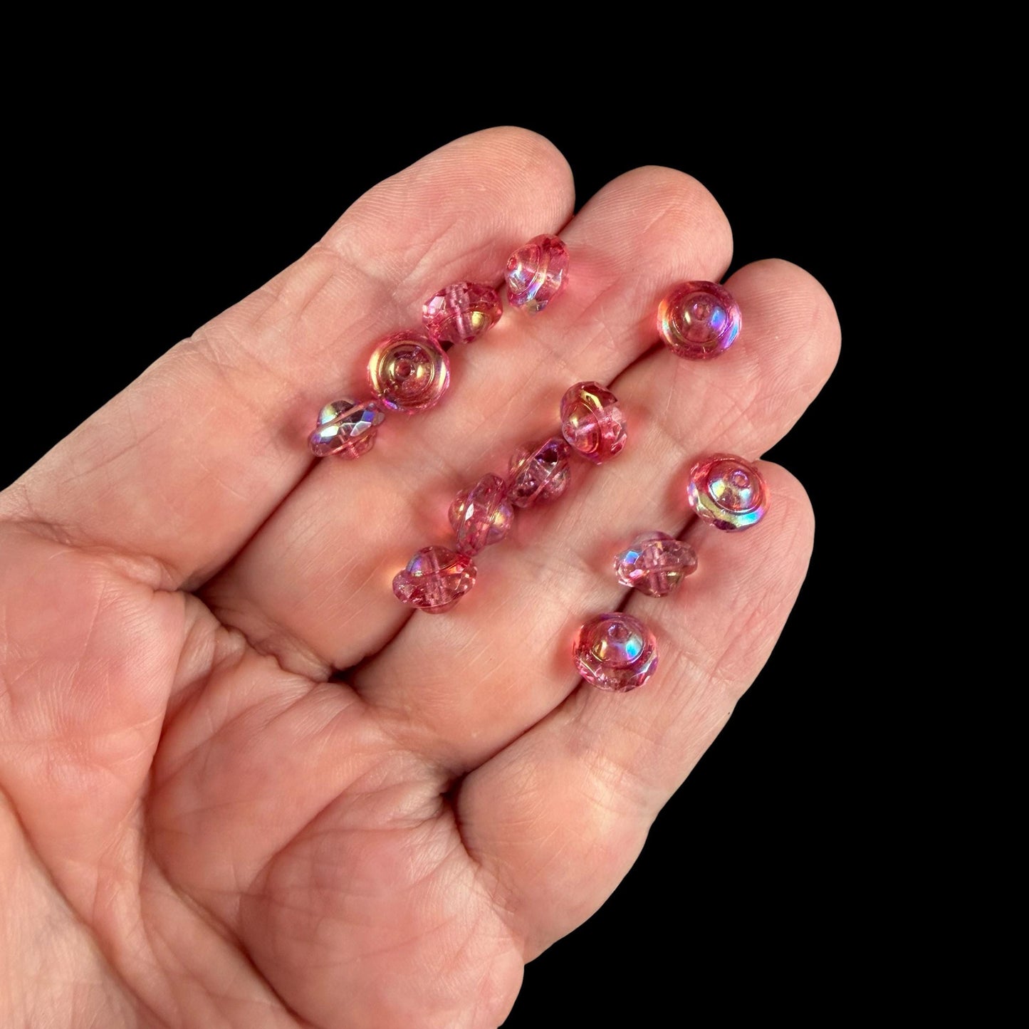 Czech Glass Beads - 6x8mm Faceted Bicone, Clear with Pink Picasso and AB Finishes (SAT/N-0469) * 15 Beads
