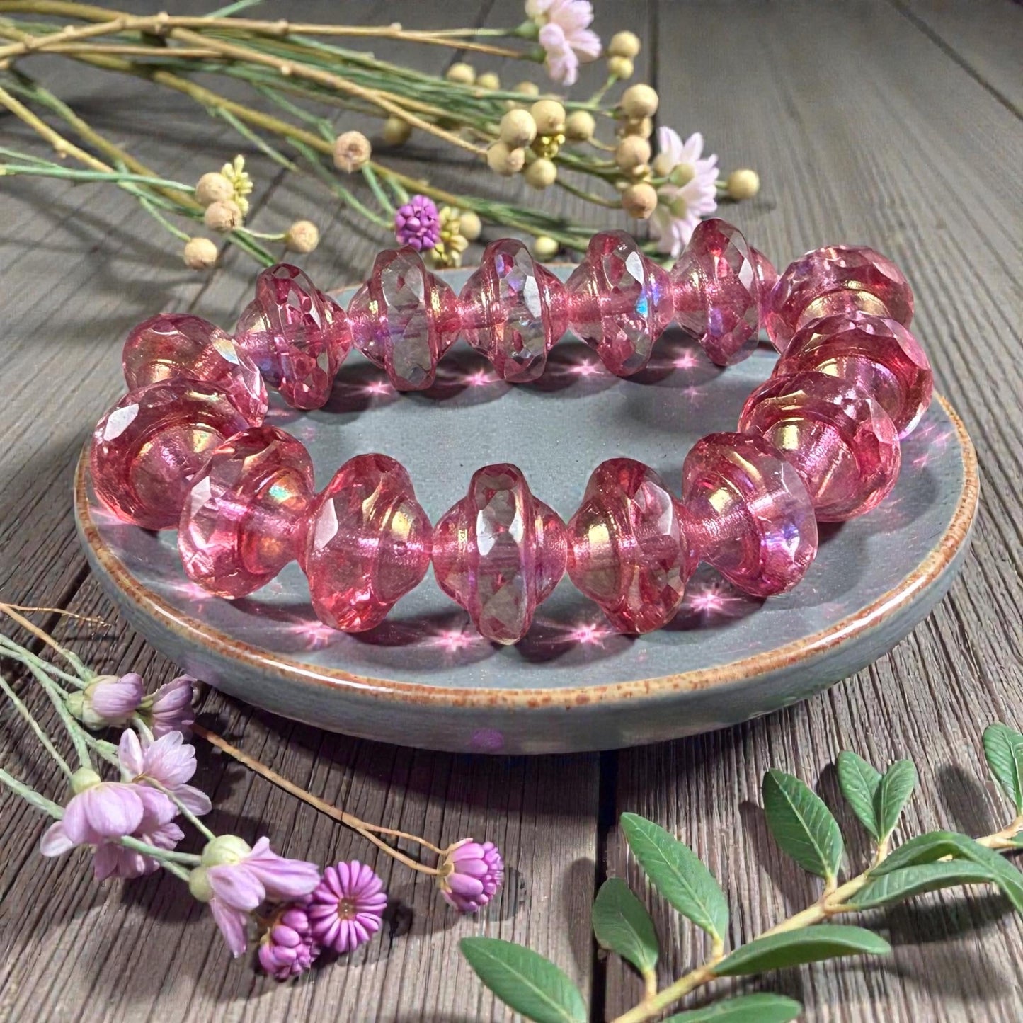 Czech Glass Beads - 6x8mm Faceted Bicone, Clear with Pink Picasso and AB Finishes (SAT/N-0469) * 15 Beads
