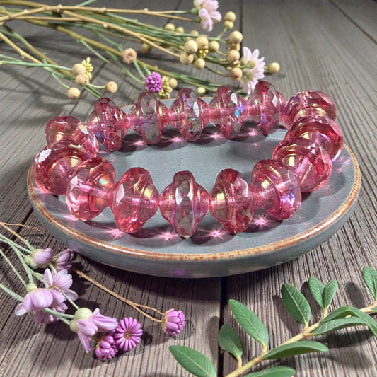 Czech Glass Beads - 6x8mm Faceted Bicone, Clear with Pink Picasso and AB Finishes (SAT/N-0469) * 15 Beads