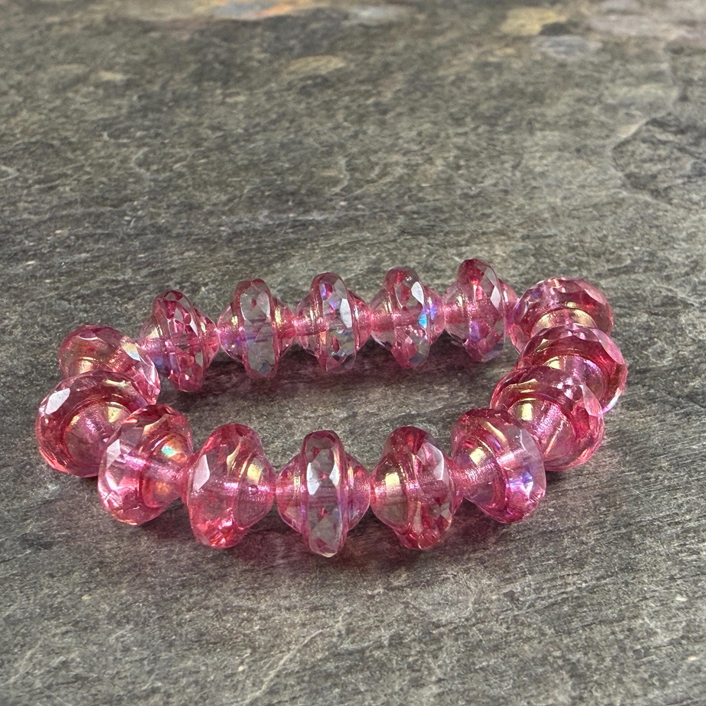 Czech Glass Beads - 6x8mm Faceted Bicone, Clear with Pink Picasso and AB Finishes (SAT/N-0469) * 15 Beads