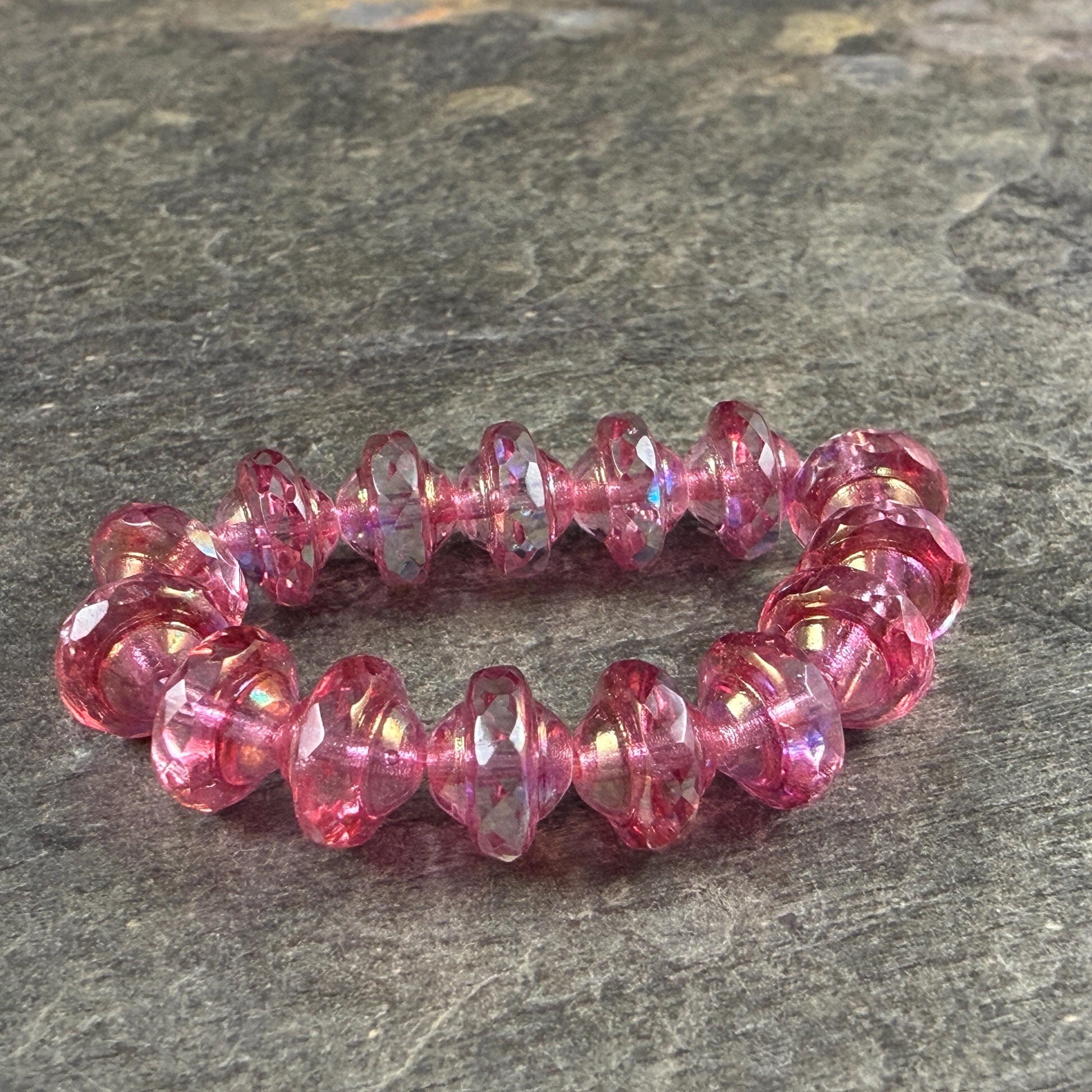 Czech Glass Beads - 6x8mm Faceted Bicone, Clear with Pink Picasso and AB Finishes (SAT/N-0469) * 15 Beads
