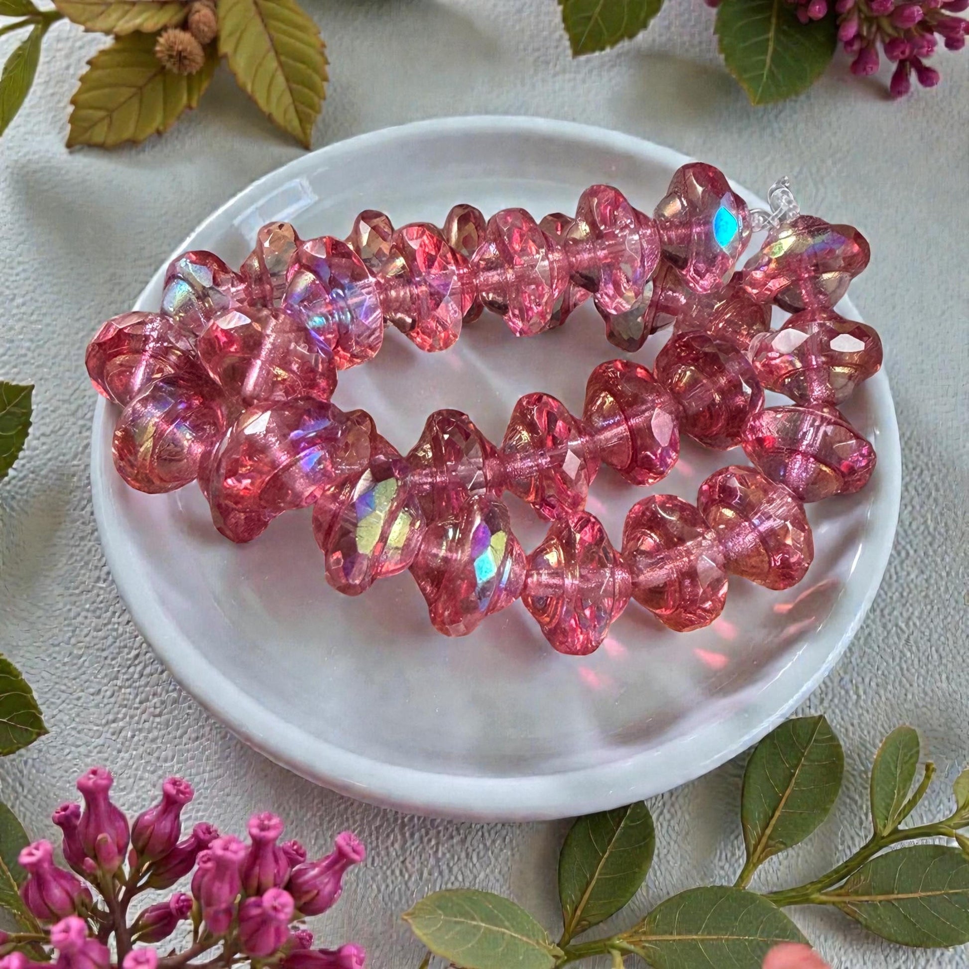 Czech Glass Beads - 6x8mm Faceted Bicone, Clear with Pink Picasso and AB Finishes (SAT/N-0469) * 15 Beads
