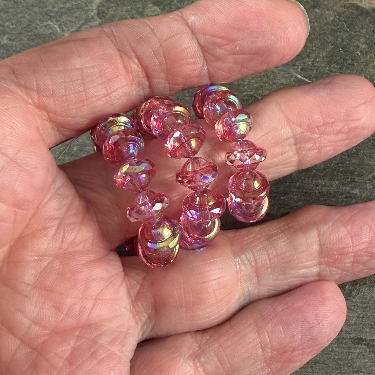 Czech Glass Beads - 6x8mm Faceted Bicone, Clear with Pink Picasso and AB Finishes (SAT/N-0469) * 15 Beads