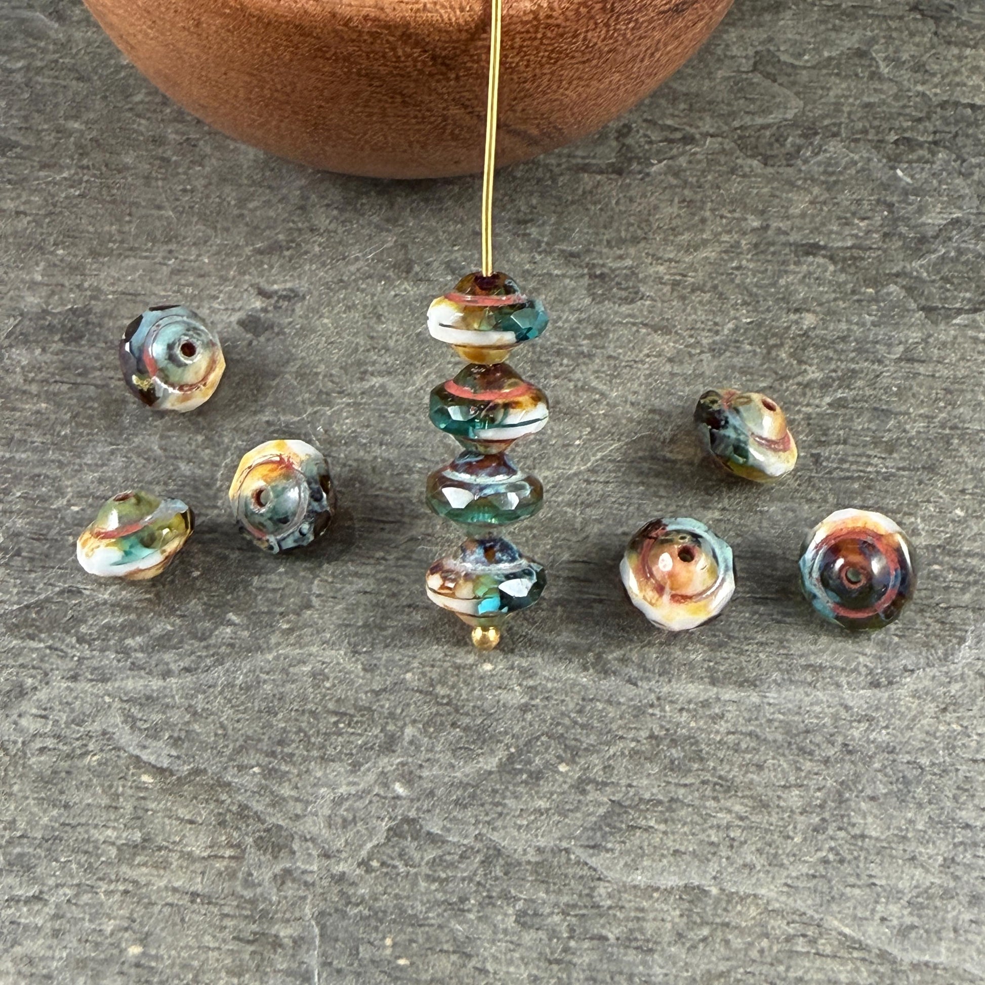 Czech Glass Beads - 6x8mm Faceted Bicone, Aqua, White and Topaz with Picasso (SAT/N-0403) * 15 Beads