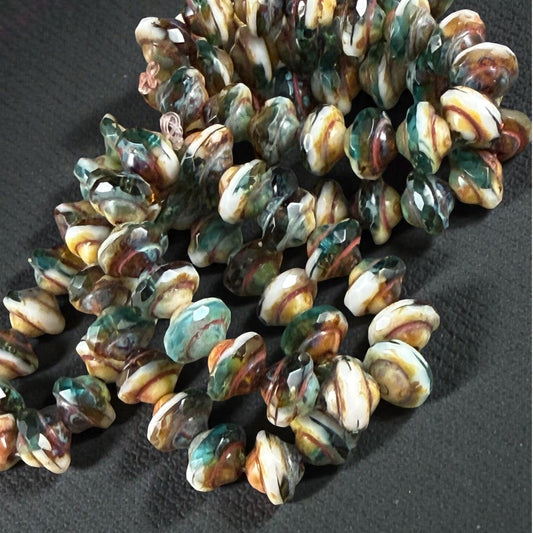 Czech Glass Beads - 6x8mm Faceted Bicone, Aqua, White and Topaz with Picasso (SAT/N-0403) * 15 Beads