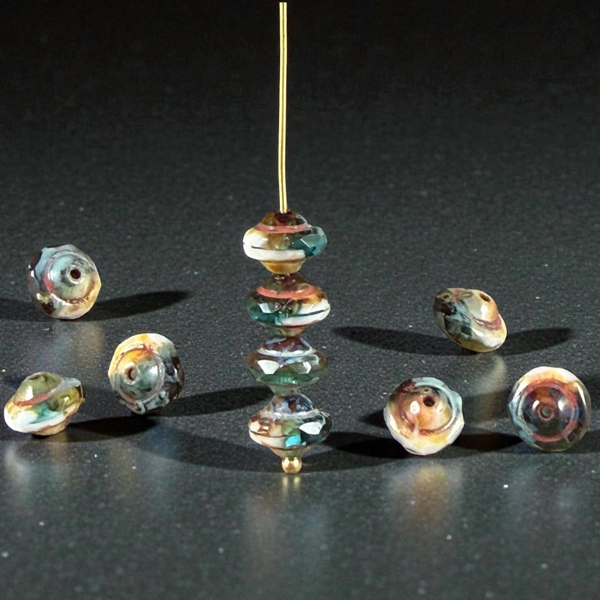 Czech Glass Beads - 6x8mm Faceted Bicone, Aqua, White and Topaz with Picasso (SAT/N-0403) * 15 Beads